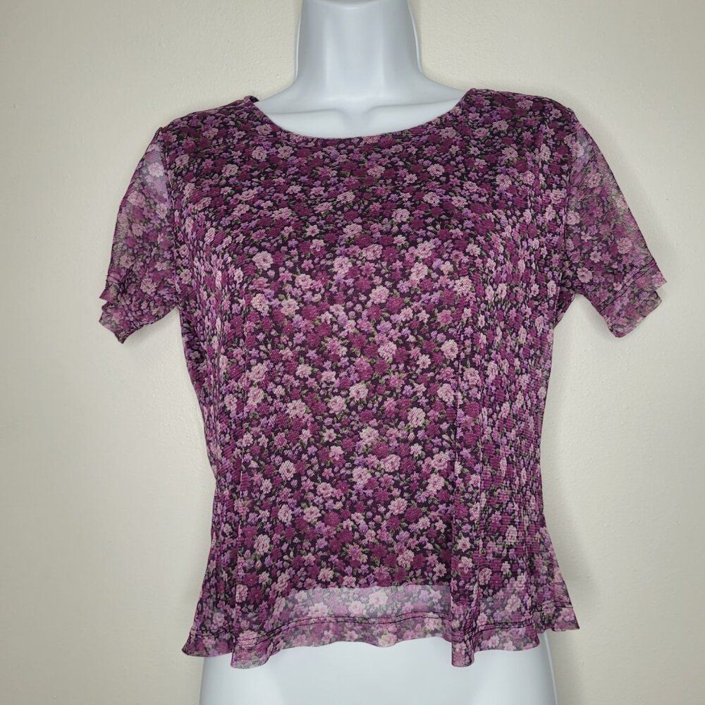 Vintage y2k 90s purple ditsy floral short sleeve moody grunge witchy top size mp